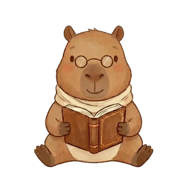 Capy, la mascotte de CapyBookster, avec ses lunettes et son écharpe